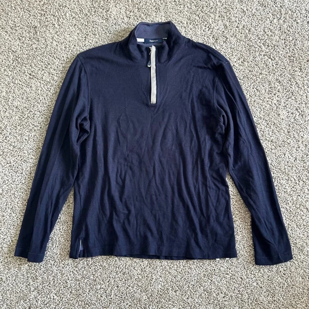 ZegnaSport Men's Sz L Navy 1/4 Zip Pullover Long Sleeve Shirt Cotton Blend